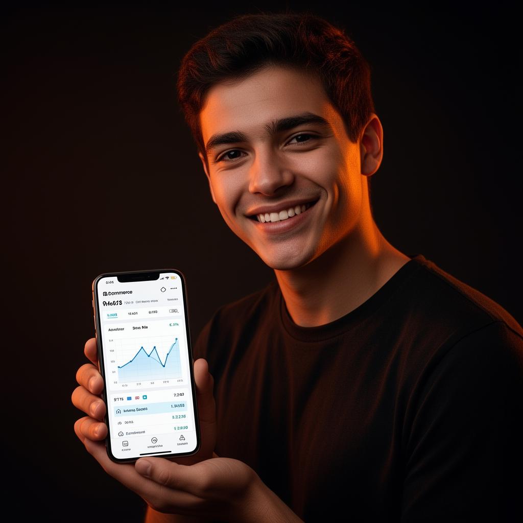 Young entrepreneur smiling, holding phone with ecommerce dashboard