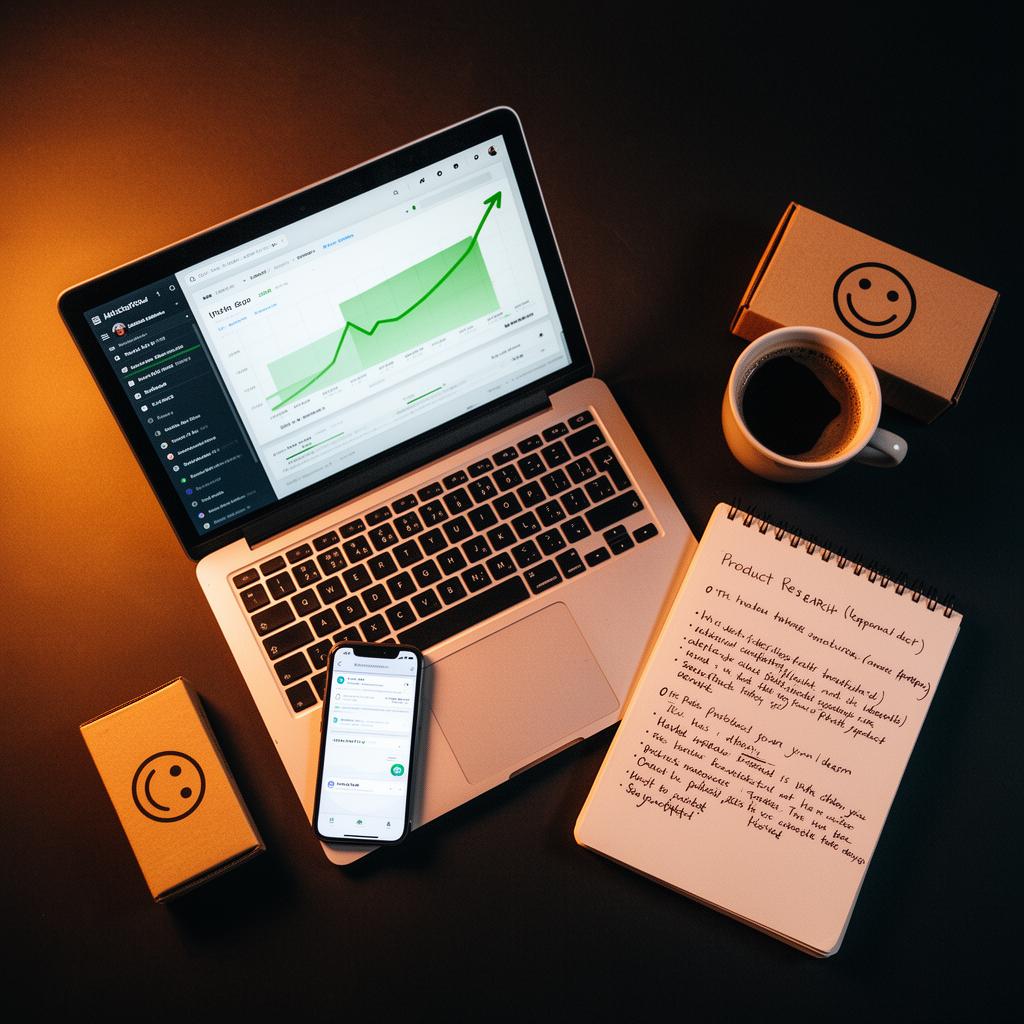 Entrepreneur's desk with analytics dashboard, notes and shipping boxes