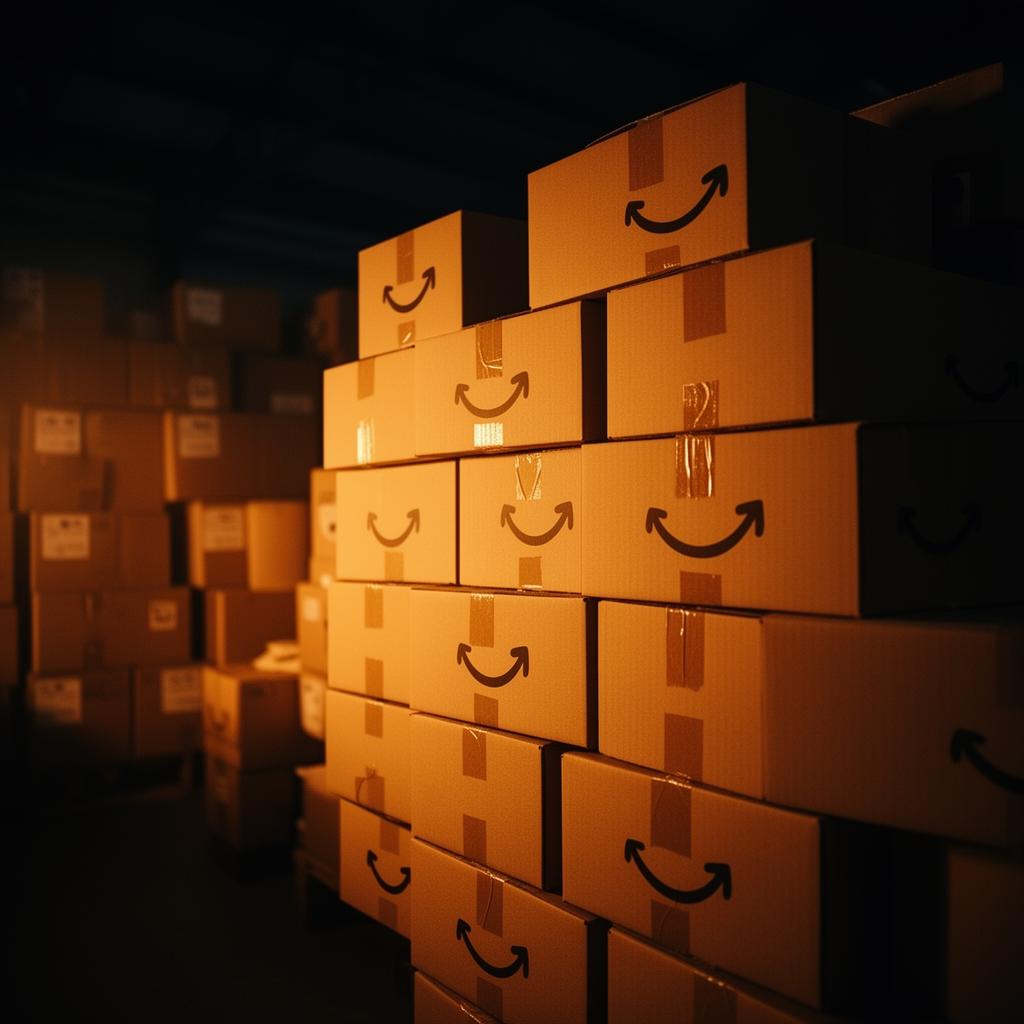 Warehouse stacked with Amazon shipping boxes